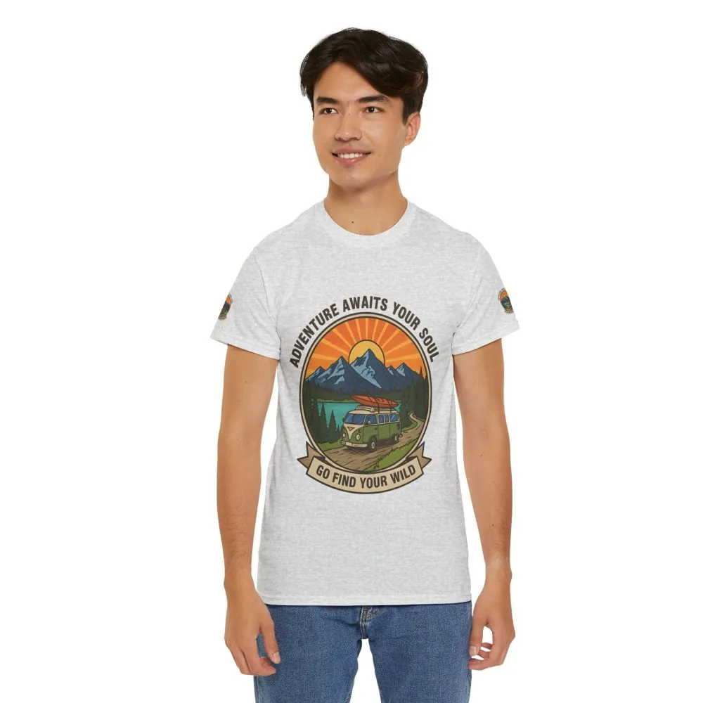 9090184806925673883_2048.jpeg Unisex Heavy Cotton Tee — “Adventure Awaits Your Soul: Go Find Your Wild” Van & Mountain Graphic