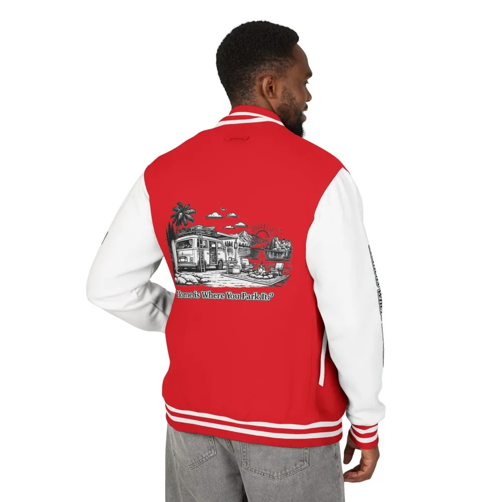 9108123898595261643_2048.jpeg Unisex Heavyweight Letterman Jacket — "Home Is Where You Park It" Travel Varsity Coat
