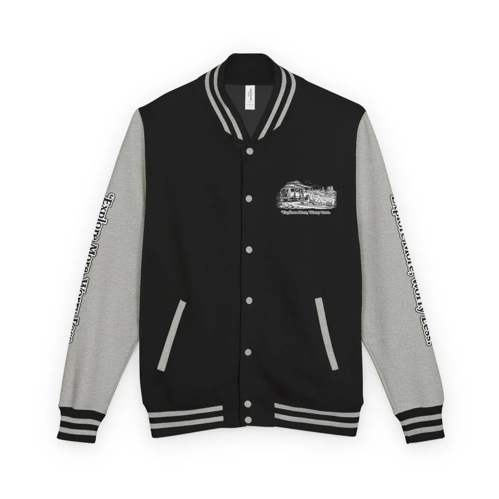 9110234755068790394_2048.jpeg Unisex Heavyweight Letterman Jacket — "Explore More Worry Less" Travel Varsity Coat