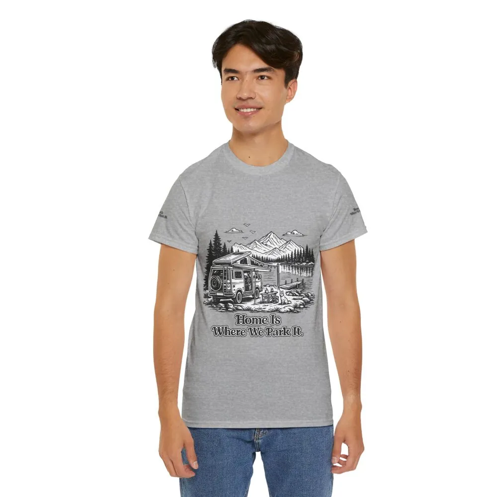 9133340940277178841_2048.jpeg Unisex Heavy Cotton Tee — "Home Is Where You Park It" Design Minimal-Line