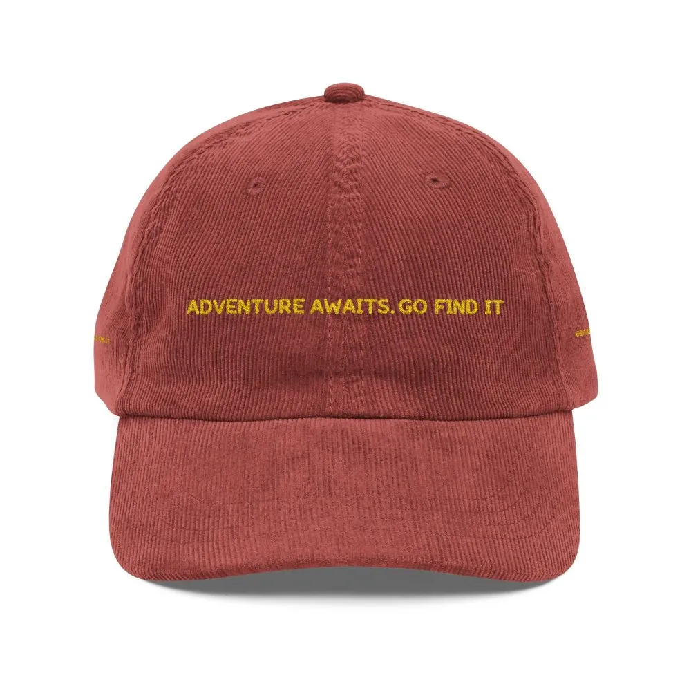 9141004323444130461_2048.jpeg Vintage Corduroy Cap (Embroidery) — "Adventure Awaits, Go Find It" Embroidered Hat