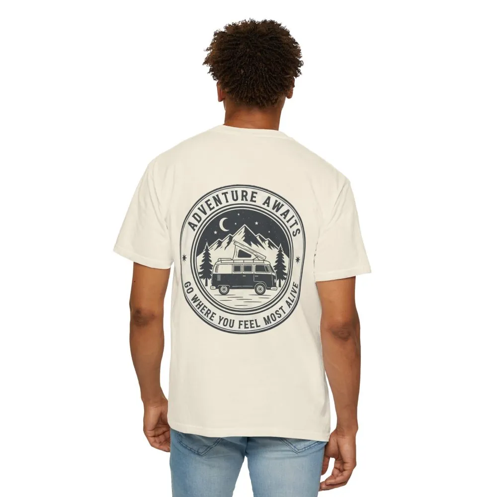 9168485657867627954_2048.jpeg T-Shirt — "Adventure Awaits-Go Where You Feel Most Alive" (Front + Back Printed) Outdoor Travel Tee