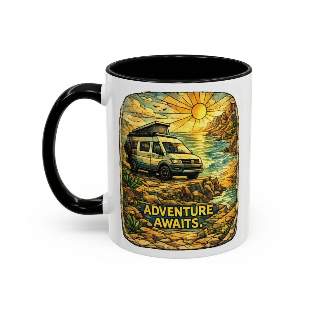 Accent Coffee Mug (11, 15oz) — "Adventure Awaits" Design Cubic-Line