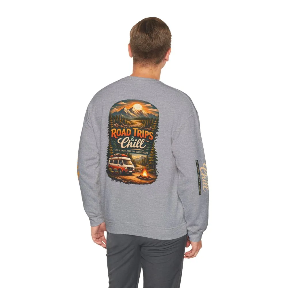Unisex Heavy Blend™ Crewneck Sweatshirt — "Road Trips & Chill" Design Scenic-Line