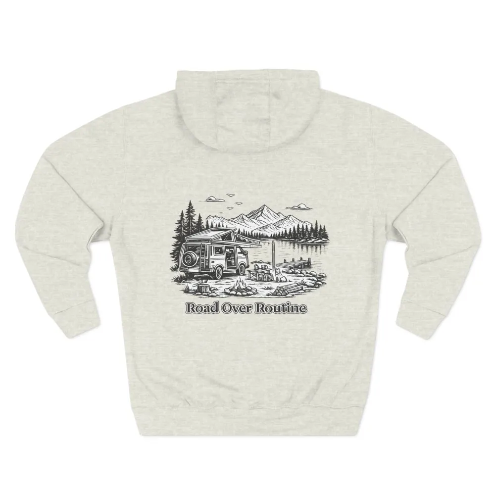 Three-Panel Fleece Hoodie - "Road Over Routine" Design Minimal-Line