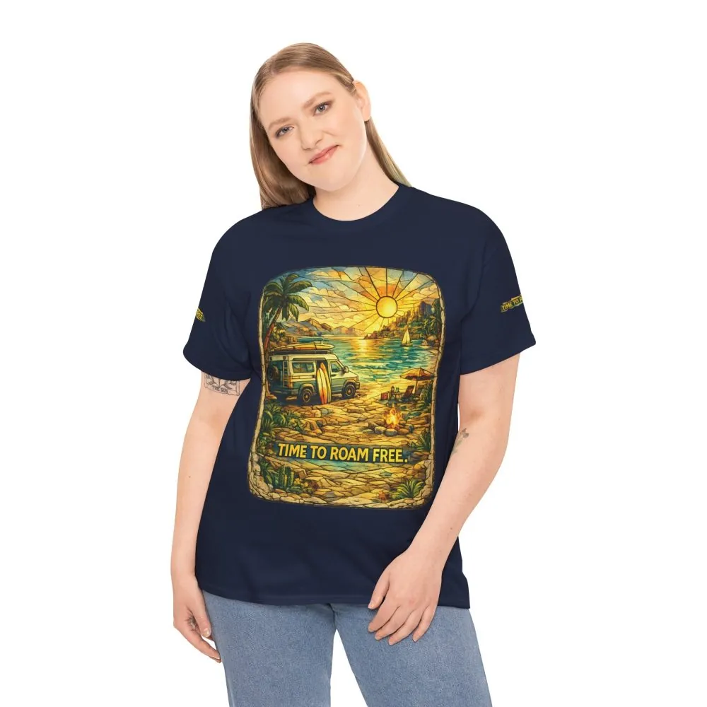 Unisex Heavy Cotton Tee — "Time To Roam Free" Design Cubic-Line
