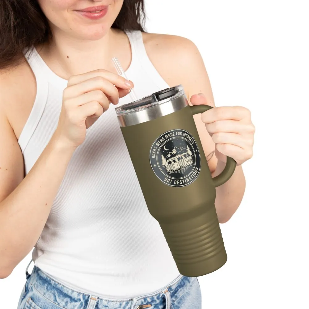 9223603793185254102_2048.jpeg Insulated Travel Mug -'ROAD WHERE MADE FOR JOURNEYS-NOT DESTINATIONS' (40oz ) – Retro Camper Design, Keep Drinks Hot or Cold