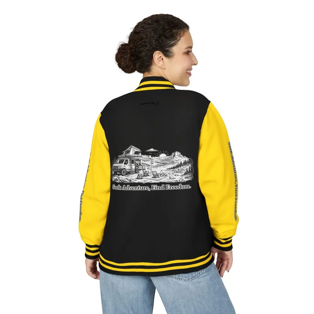 Unisex Heavyweight Letterman Jacket — "Seek Adventure, Find Freedom" Travel Varsity Coat