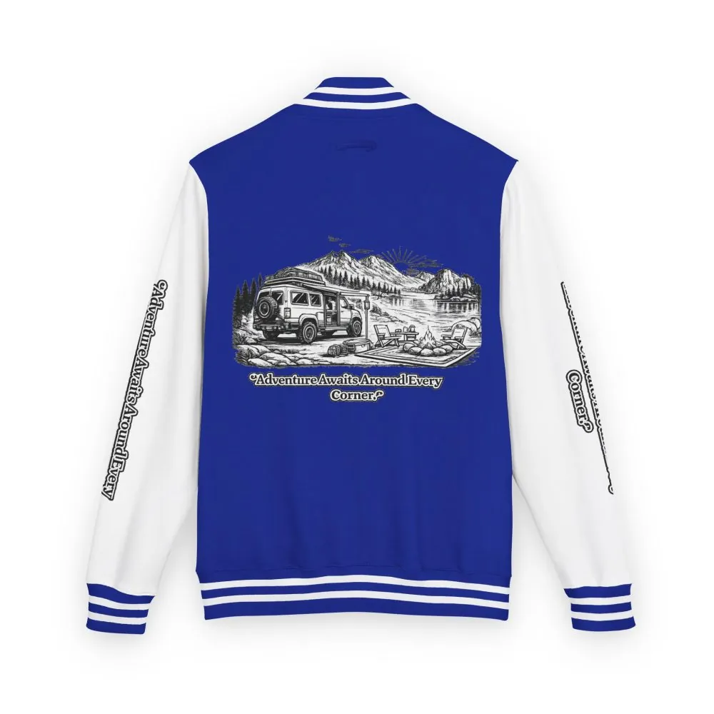 930932463786486144_2048.jpeg Unisex Heavyweight Letterman Jacket — "Adventure Awaits Around Every Corner" Travel Varsity Coat