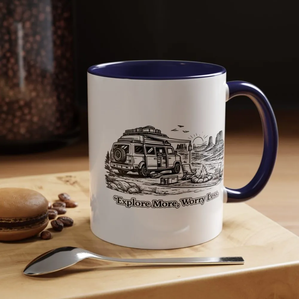 Accent Coffee Mug (11, 15oz) — "Explore More Worry Less" Design Minimal-Line