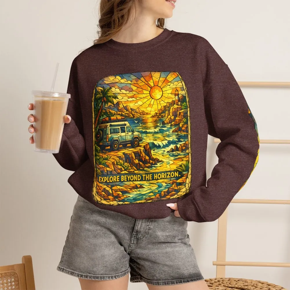 Unisex Heavy Blend™ Crewneck Sweatshirt — "Explore Beyond The Horizon" Design Cubic-Line