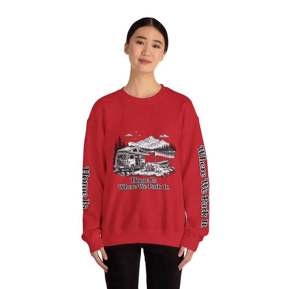 9326027439242713292_2048.jpeg Unisex Heavy Blend™ Crewneck Sweatshirt — "Home Is Where You Park It" Design Minimal-Line
