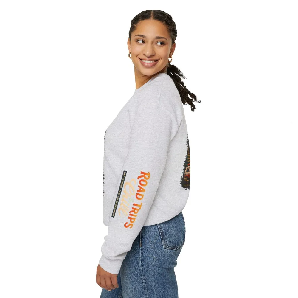 Unisex Heavy Blend™ Crewneck Sweatshirt — "Road Trips & Chill" Design Scenic-Line