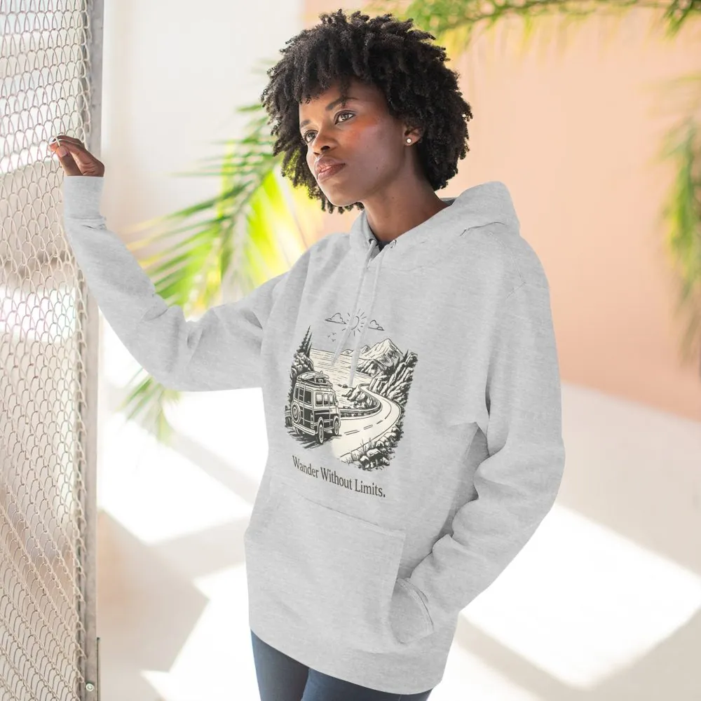Three-Panel Fleece Hoodie - "Wander Without Limits" Design Minimal-Line