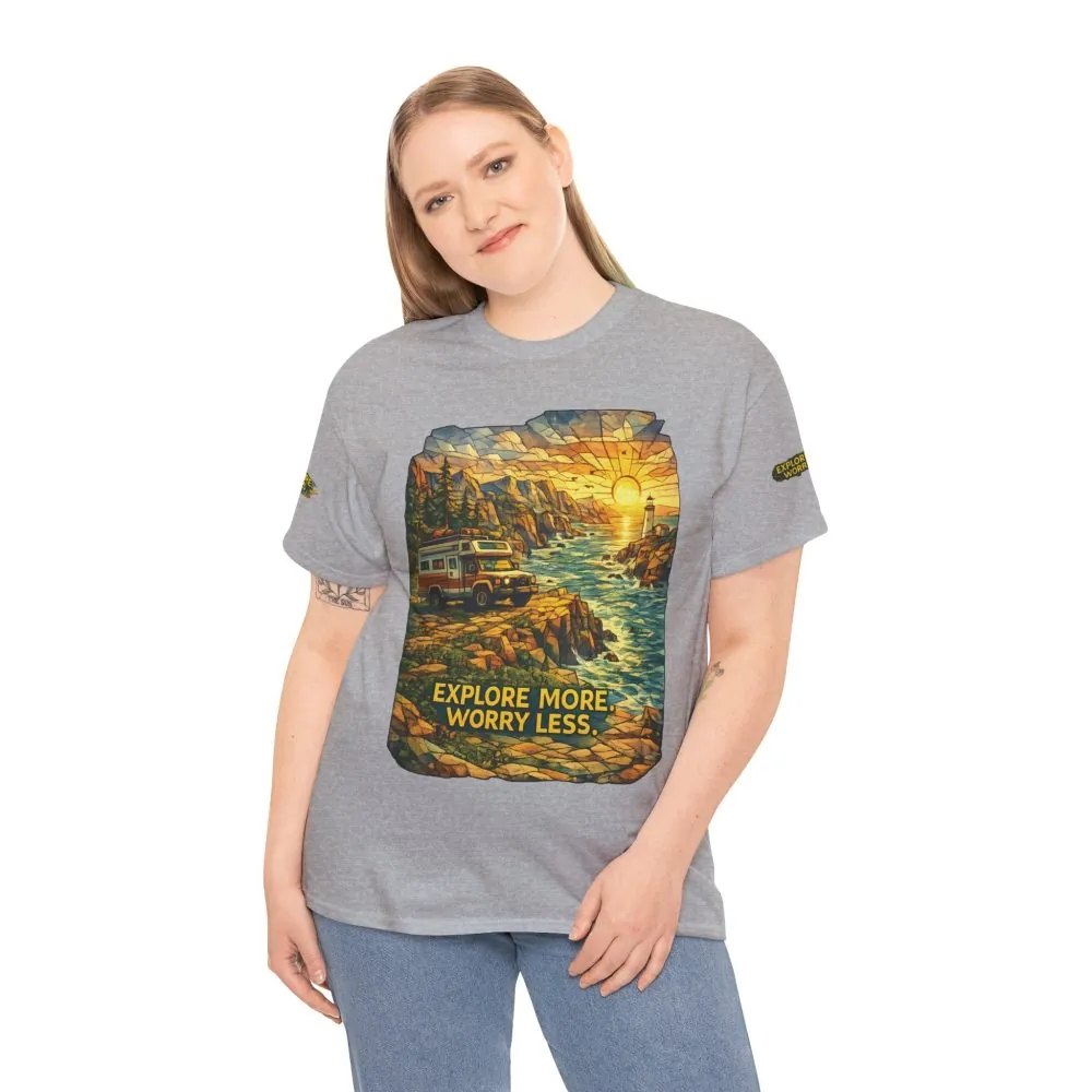 9401885104363401626_2048.jpeg Unisex Heavy Cotton Tee — "Explore More Worry Less" Design Cubic-Line
