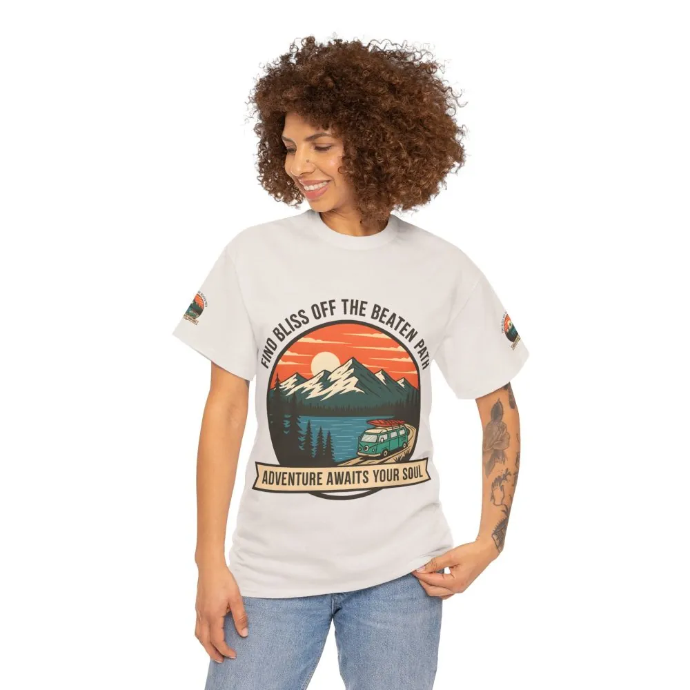 Unisex Heavy Cotton Tee — "Find Bliss Off the Beaten Path" Mountain & Camper T‑Shirt