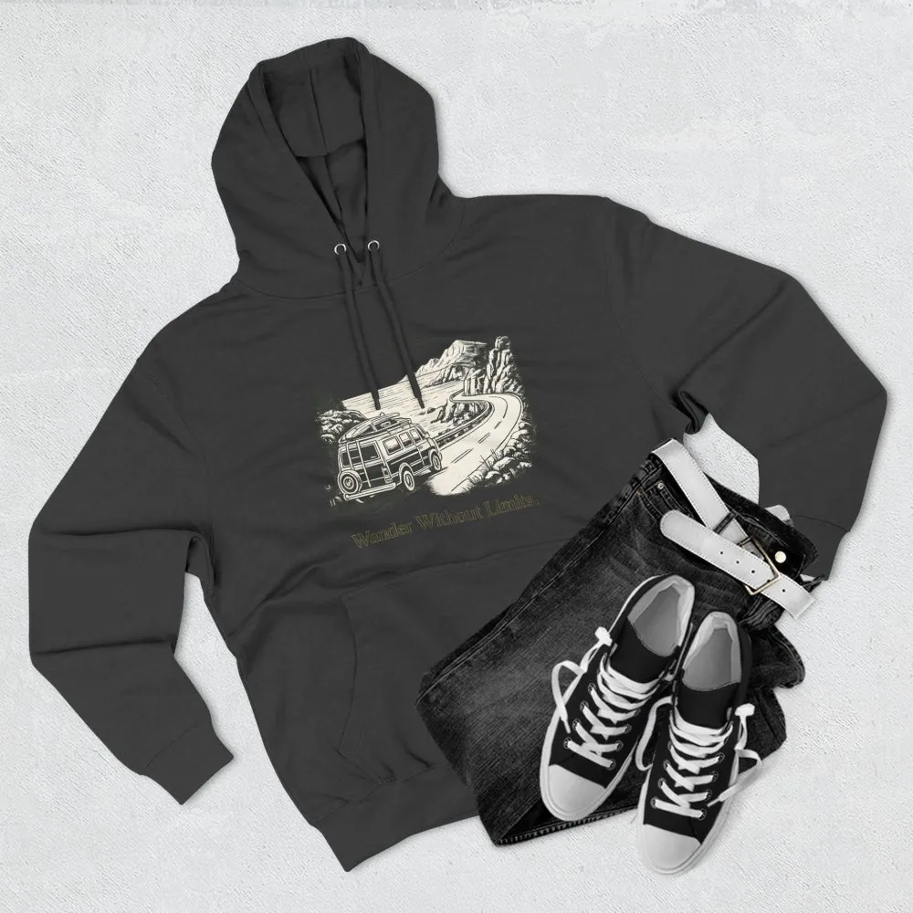 Three-Panel Fleece Hoodie - "Wander Without Limits" Design Minimal-Line