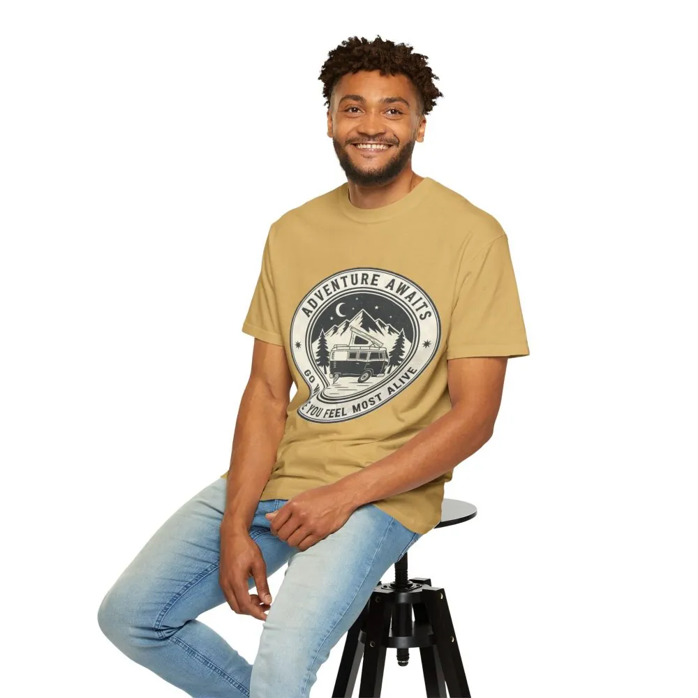 9434709066431257438_2048.jpeg T-Shirt — "Adventure Awaits-Go Where You Feel Most Alive" (Only Front Printed) Outdoor Travel Tee