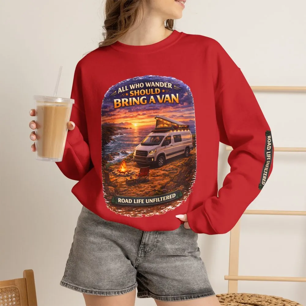 9499700895596023750_2048.jpeg Unisex Heavy Blend™ Crewneck Sweatshirt — "All Who wander Should Bring A Van" Design Scenic-Line