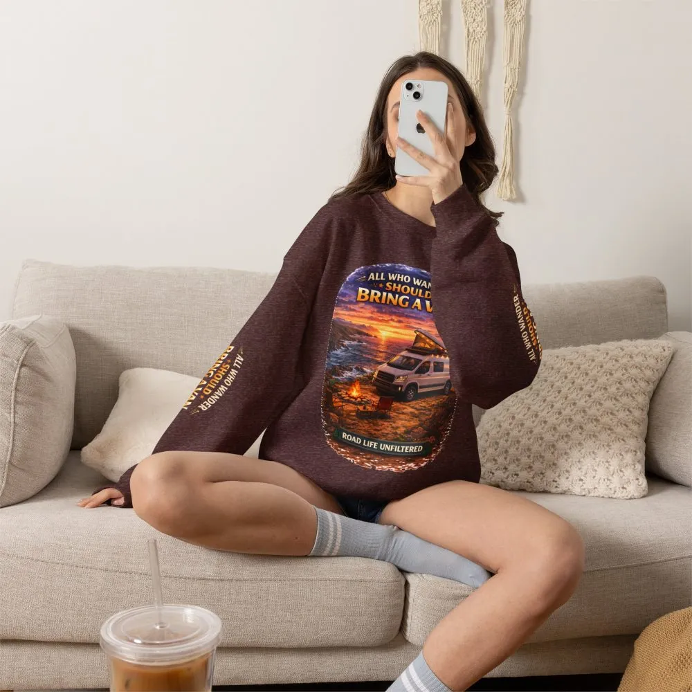 9501219187099640629_2048.jpeg Unisex Heavy Blend™ Crewneck Sweatshirt — "All Who wander Should Bring A Van" Design Scenic-Line