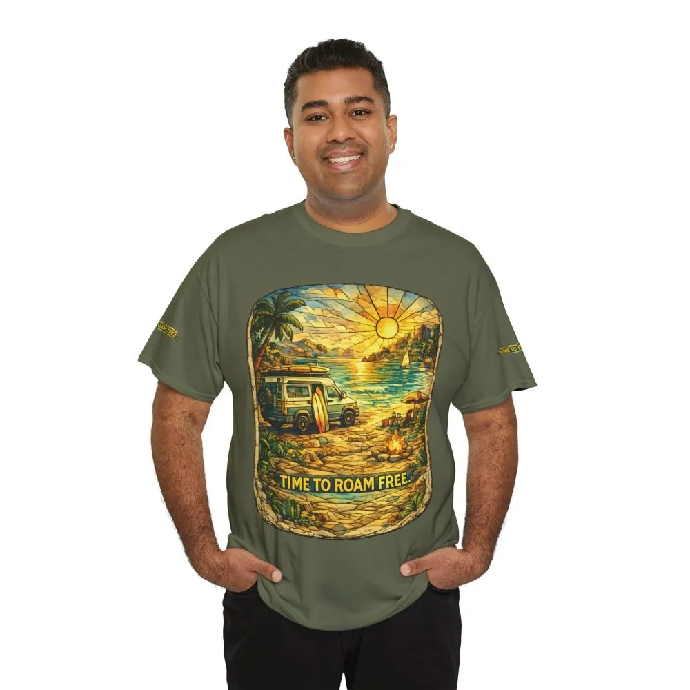 Unisex Heavy Cotton Tee — "Time To Roam Free" Design Cubic-Line