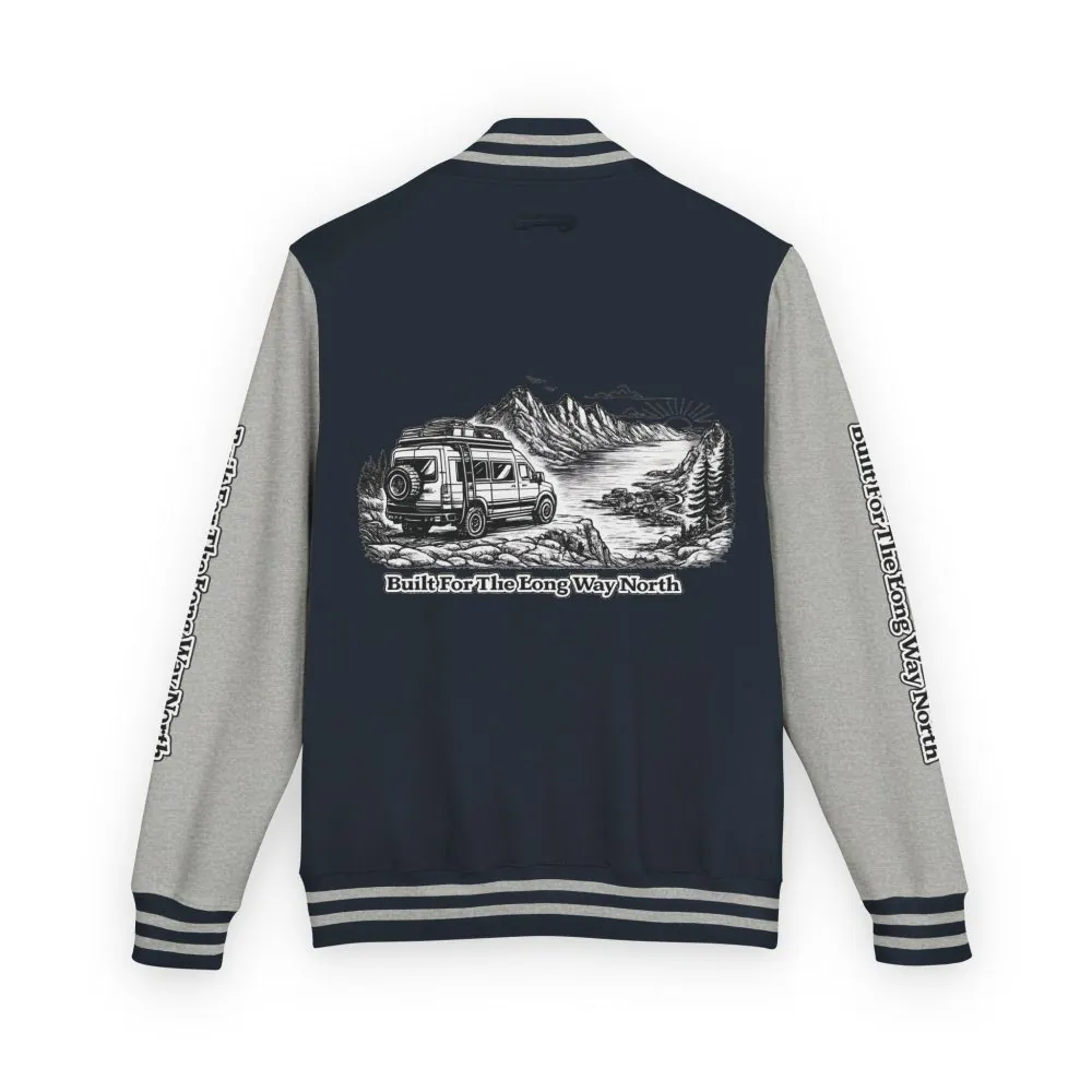 950526034870746465_2048.jpeg Unisex Heavyweight Letterman Jacket — "Built For The Long Way North" Travel Varsity Coat