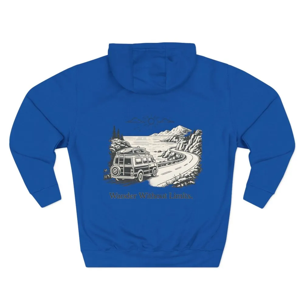 Three-Panel Fleece Hoodie - "Wander Without Limits" Design Minimal-Line