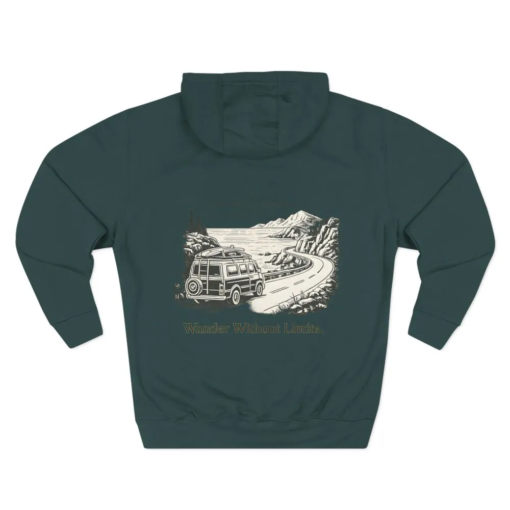 Three-Panel Fleece Hoodie - "Wander Without Limits" Design Minimal-Line