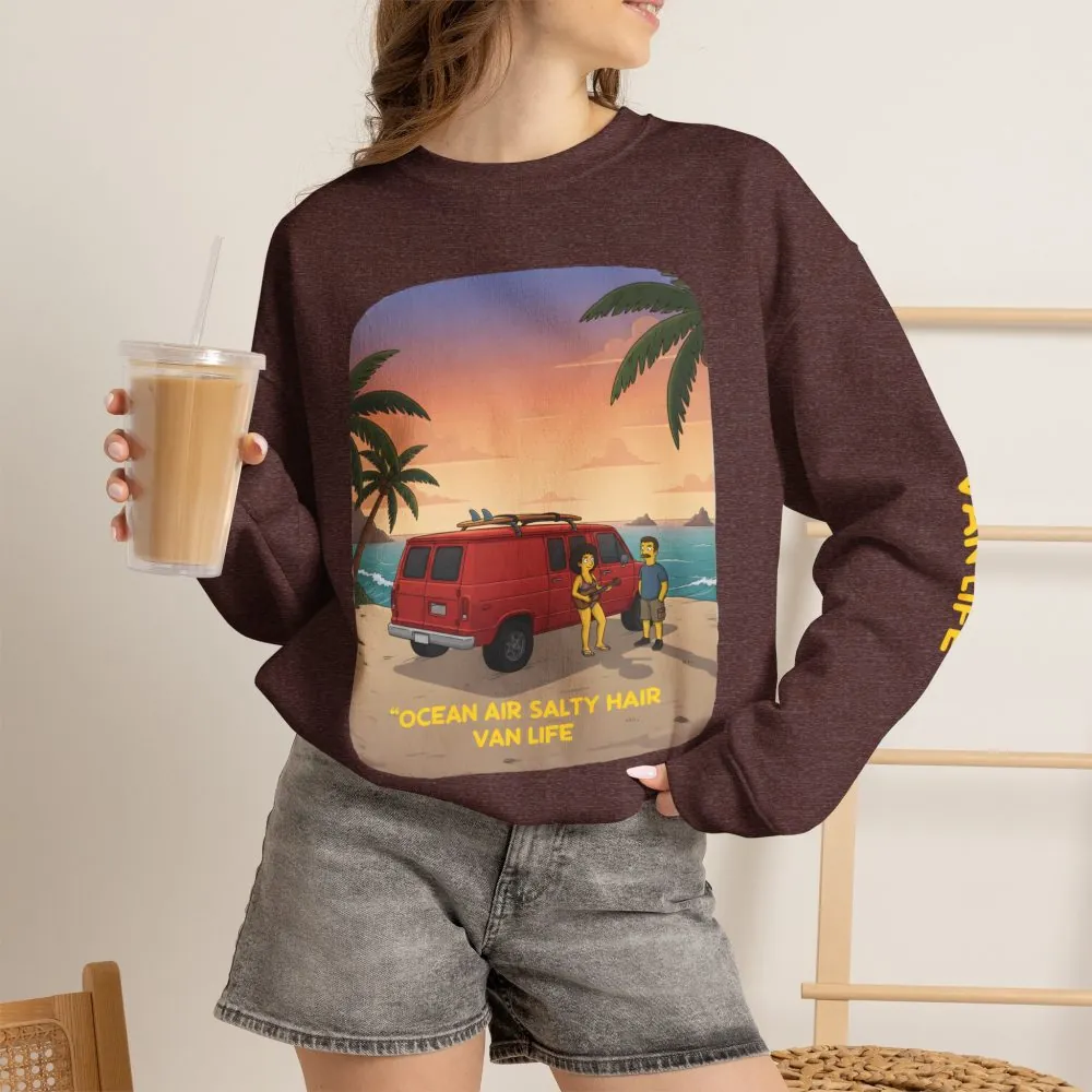 Unisex Heavy Blend™ Crewneck Sweatshirt — "Ocean Air Salty Hair Van Life" Design Sitcom-Line