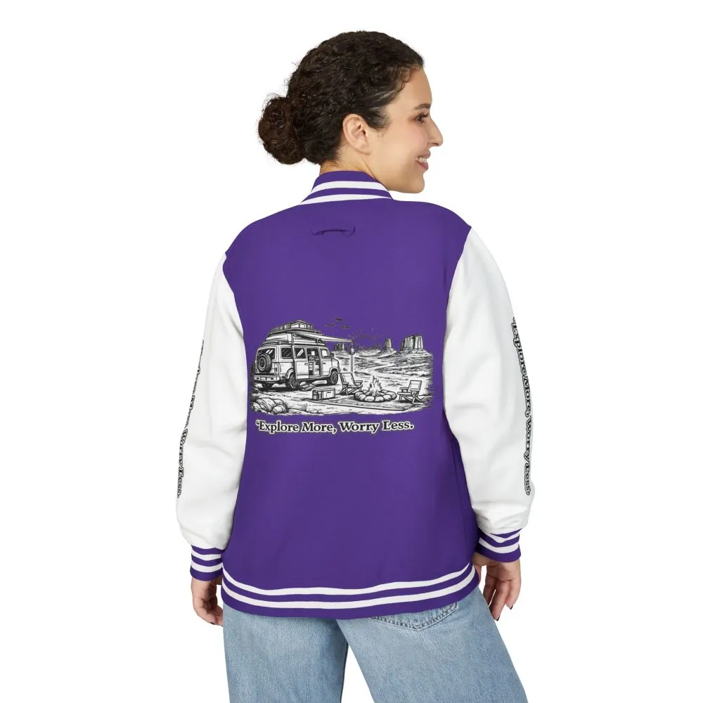 9595991786672925462_2048.jpeg Unisex Heavyweight Letterman Jacket — "Explore More Worry Less" Travel Varsity Coat