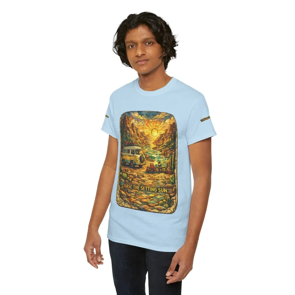 9600891372350053840_2048.jpeg Unisex Heavy Cotton Tee — "Chase The Settings Sun" Design Cubic-Line