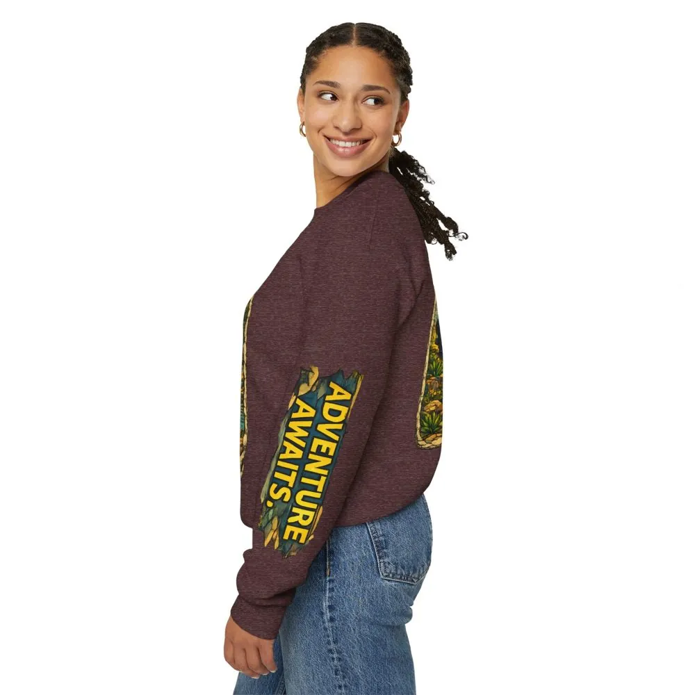 Unisex Heavy Blend™ Crewneck Sweatshirt — "Adventure Awaits" Design Cubic-Line