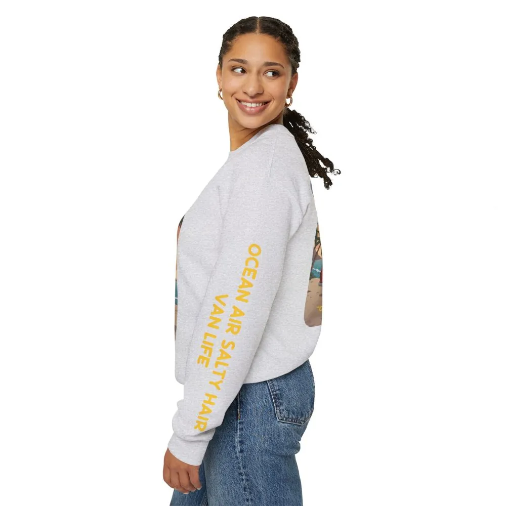Unisex Heavy Blend™ Crewneck Sweatshirt — "Ocean Air Salty Hair Van Life" Design Sitcom-Line