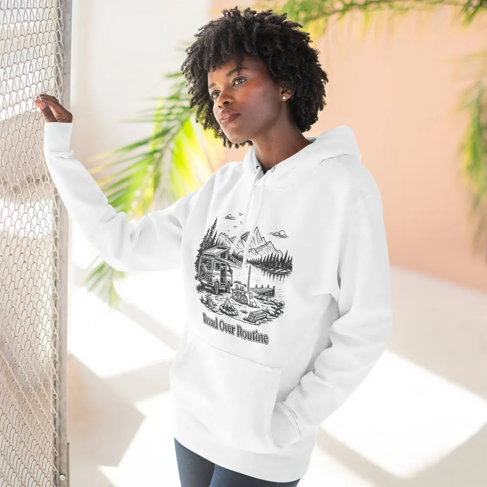 Three-Panel Fleece Hoodie - "Road Over Routine" Design Minimal-Line