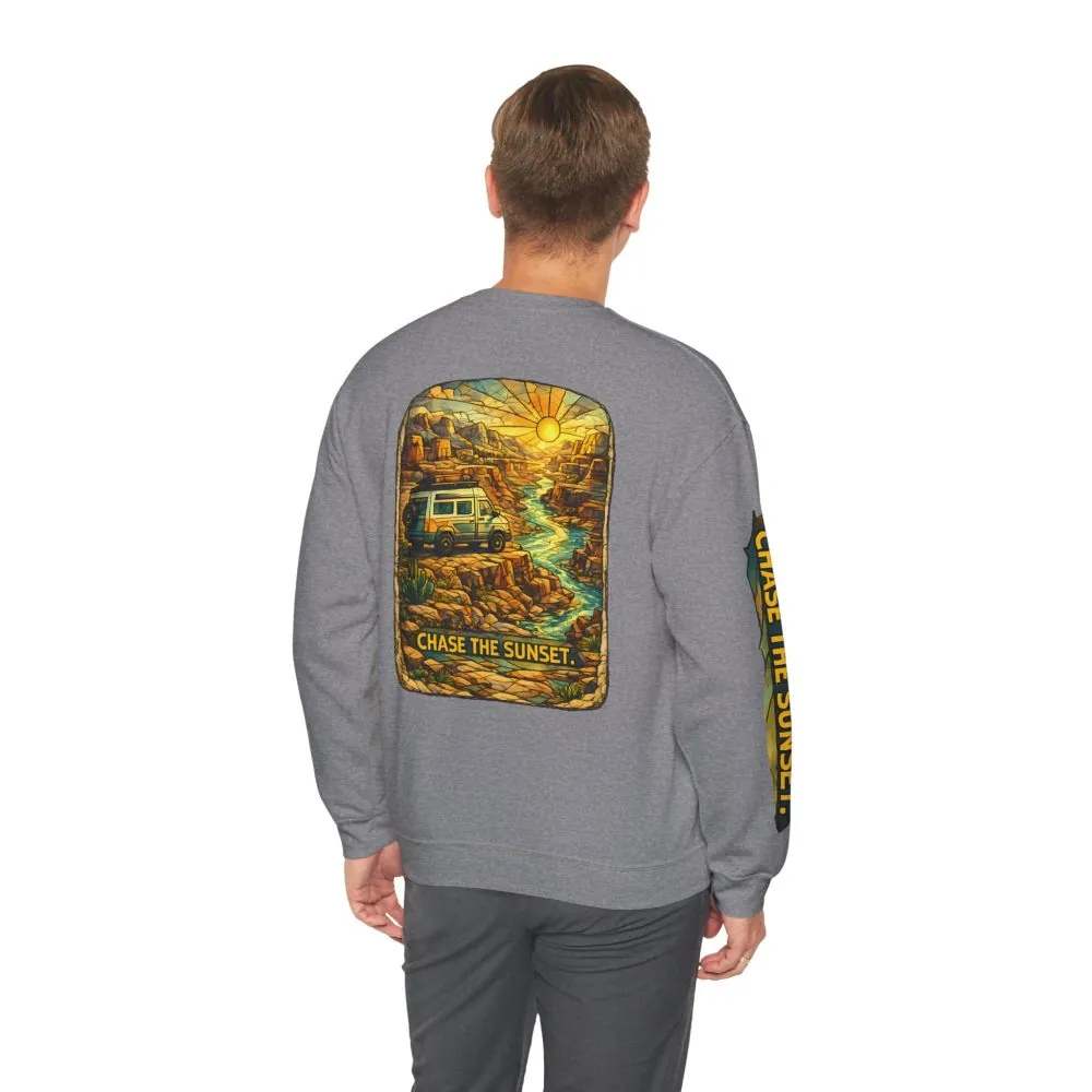 Unisex Heavy Blend™ Crewneck Sweatshirt — "Chase The Sunset" Design Cubic-Line