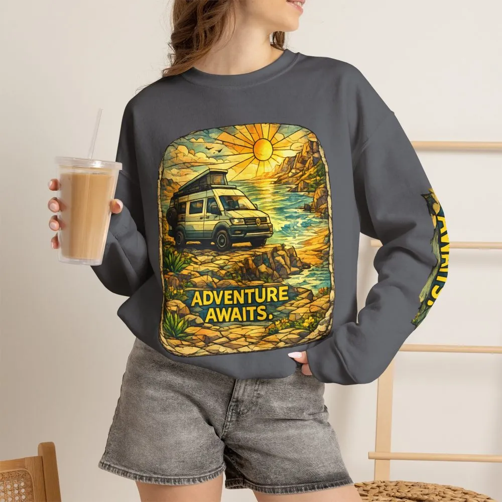 Unisex Heavy Blend™ Crewneck Sweatshirt — "Adventure Awaits" Design Cubic-Line