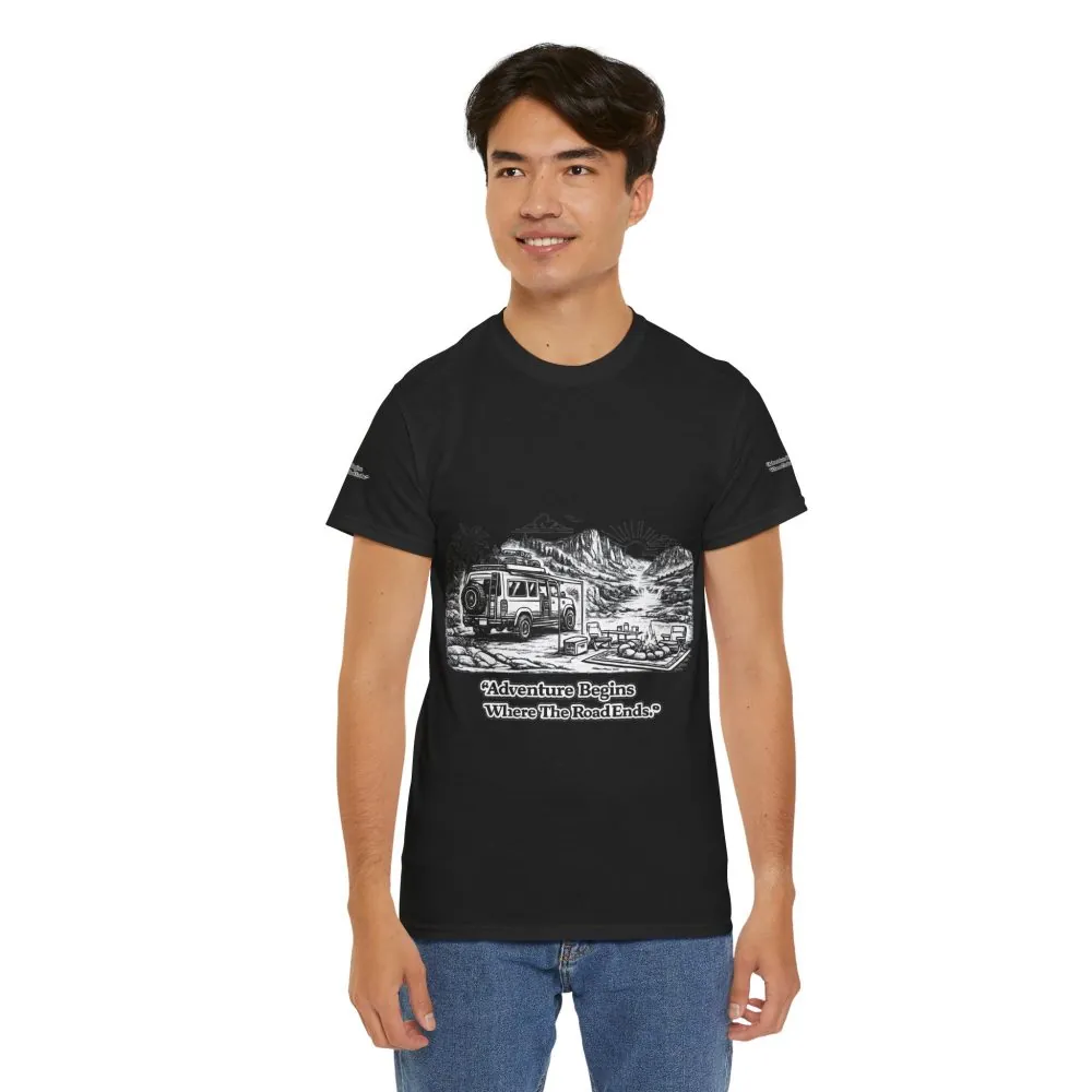 9703349830324105749_2048.jpeg Unisex Heavy Cotton Tee — "Adventure Begins Where The Road Ends" Design Minimal-Line
