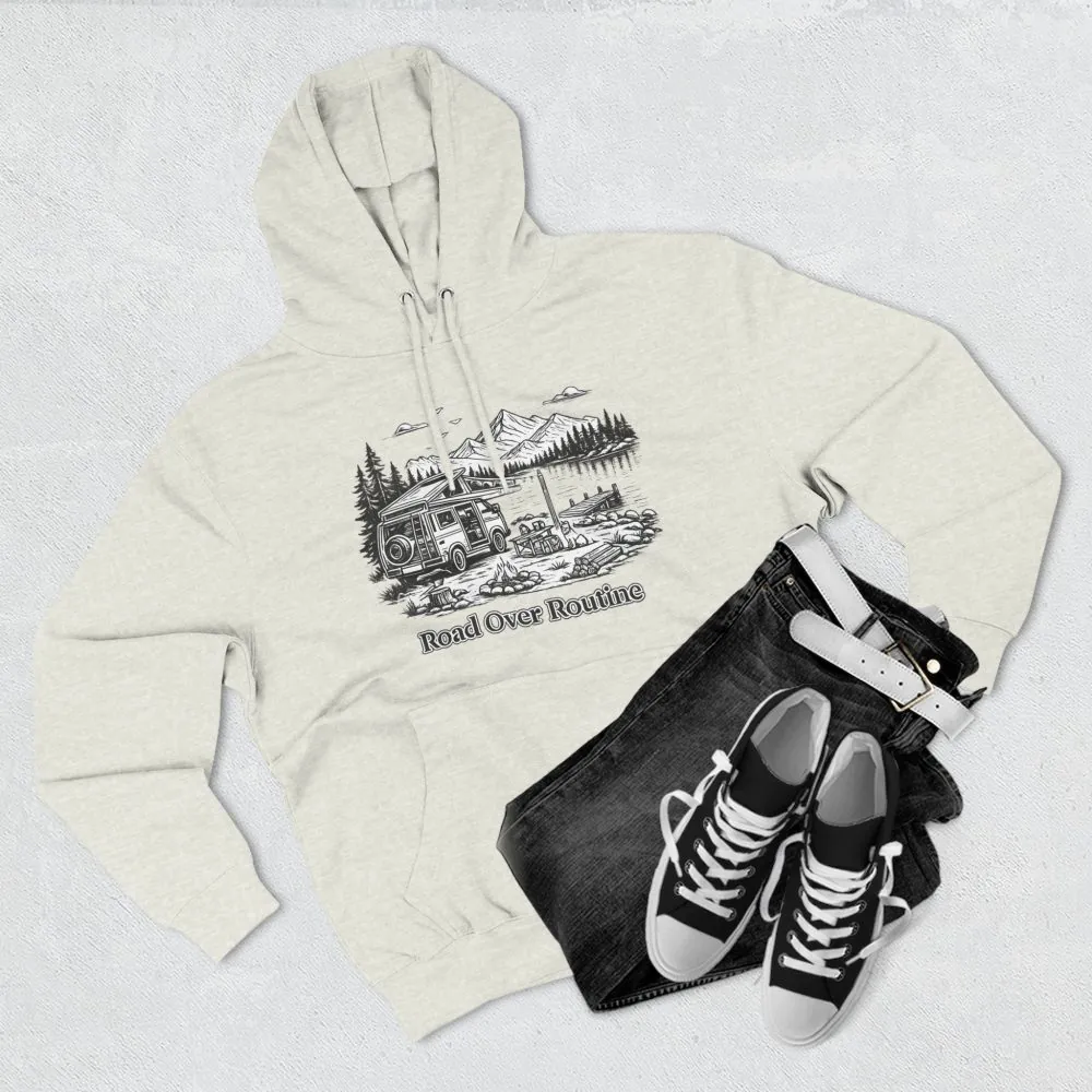 Three-Panel Fleece Hoodie - "Road Over Routine" Design Minimal-Line