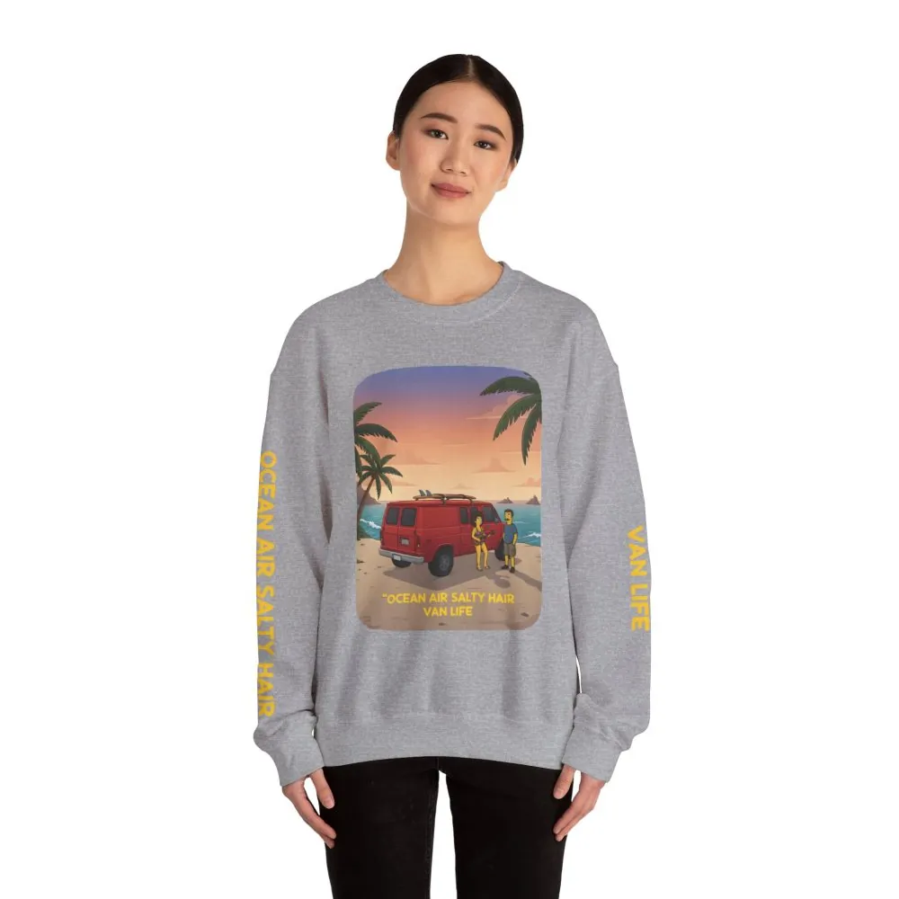 Unisex Heavy Blend™ Crewneck Sweatshirt — "Ocean Air Salty Hair Van Life" Design Sitcom-Line