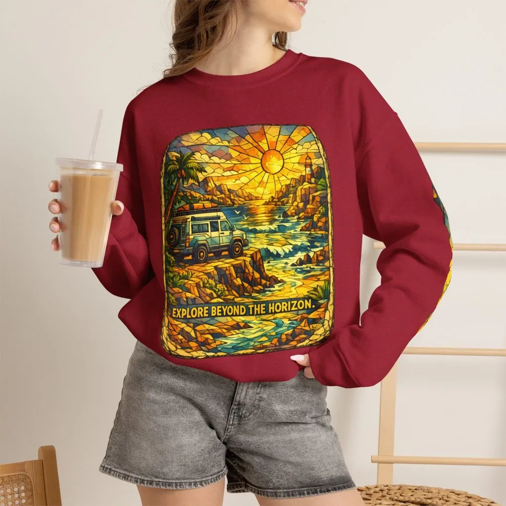 Unisex Heavy Blend™ Crewneck Sweatshirt — "Explore Beyond The Horizon" Design Cubic-Line