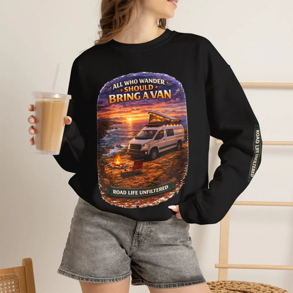 976313608834940758_2048.jpeg Unisex Heavy Blend™ Crewneck Sweatshirt — "All Who wander Should Bring A Van" Design Scenic-Line