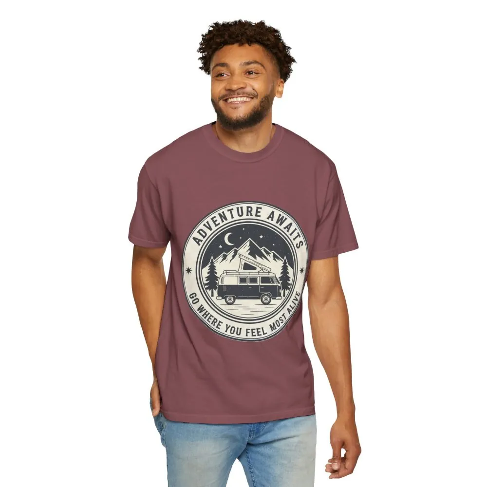 9795573883383178179_2048.jpeg T-Shirt — "Adventure Awaits-Go Where You Feel Most Alive" (Front + Back Printed) Outdoor Travel Tee
