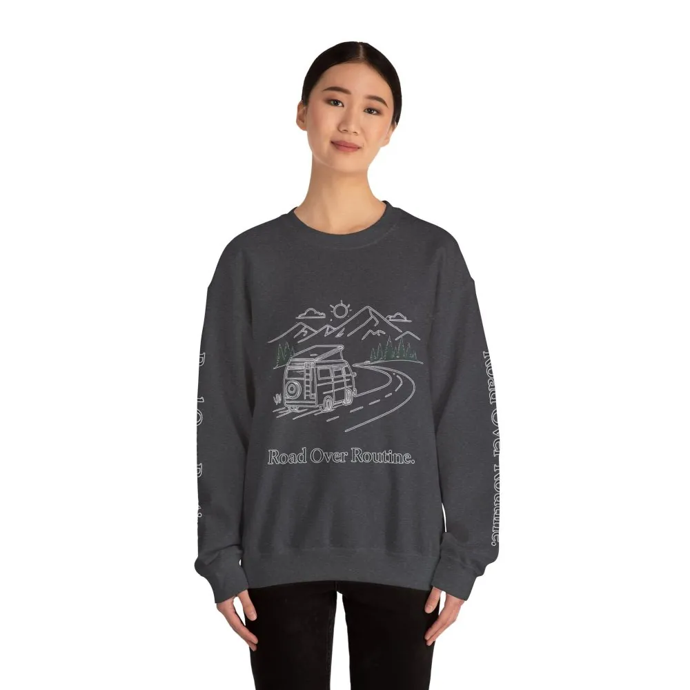 9799441262863490592_2048.jpeg Unisex Heavy Blend™ Crewneck Sweatshirt — "Road Over Routine" Design Minimal-Line