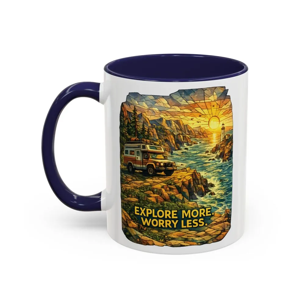 Accent Coffee Mug (11, 15oz) — "Explore More Worry Less" Design Cubic-Line