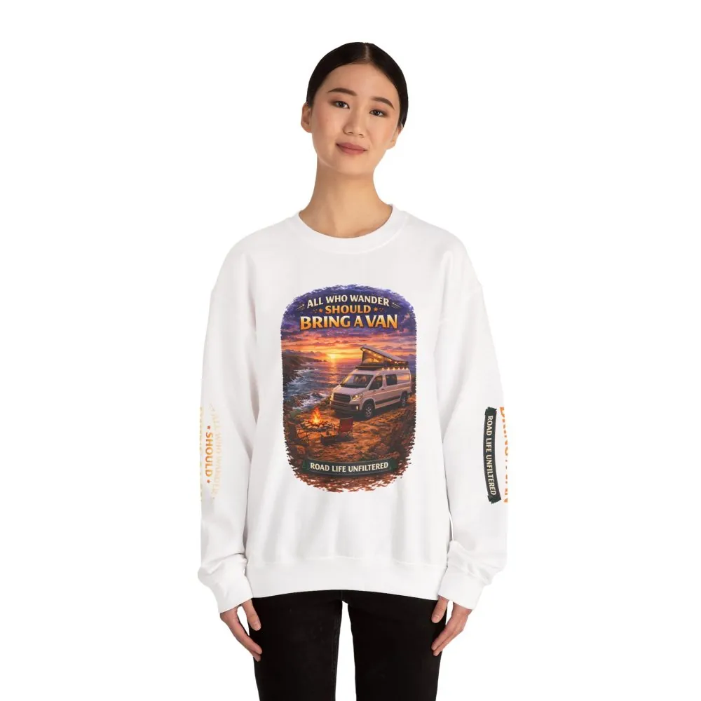 9831447785636264023_2048.jpeg Unisex Heavy Blend™ Crewneck Sweatshirt — "All Who wander Should Bring A Van" Design Scenic-Line