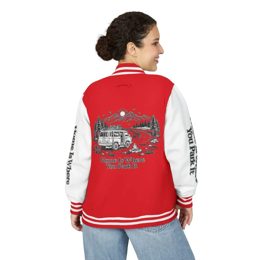 9842289275902229010_2048.jpeg Unisex Heavyweight Letterman Jacket — "Home Is Where You Park It" Travel Varsity Coat