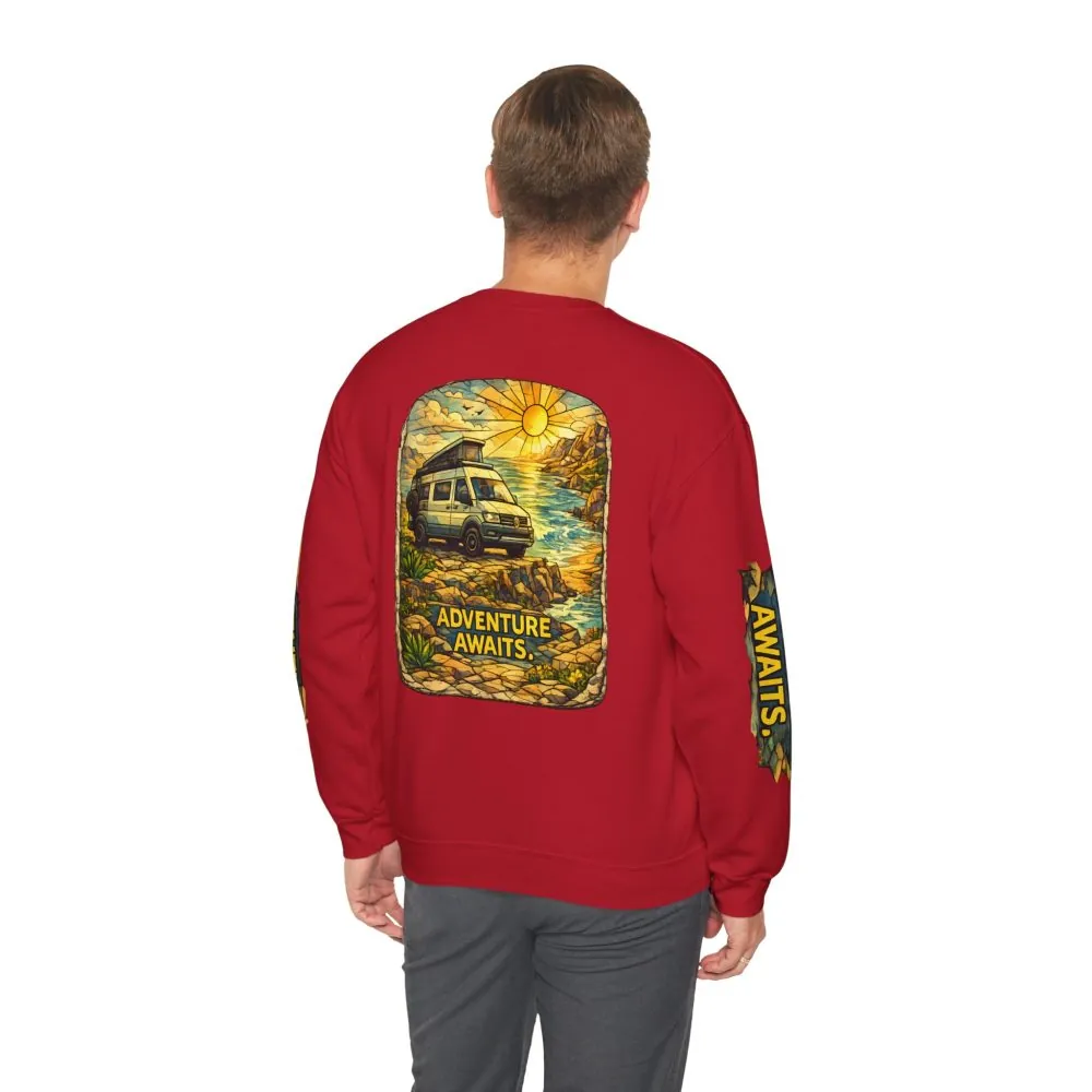 Unisex Heavy Blend™ Crewneck Sweatshirt — "Adventure Awaits" Design Cubic-Line