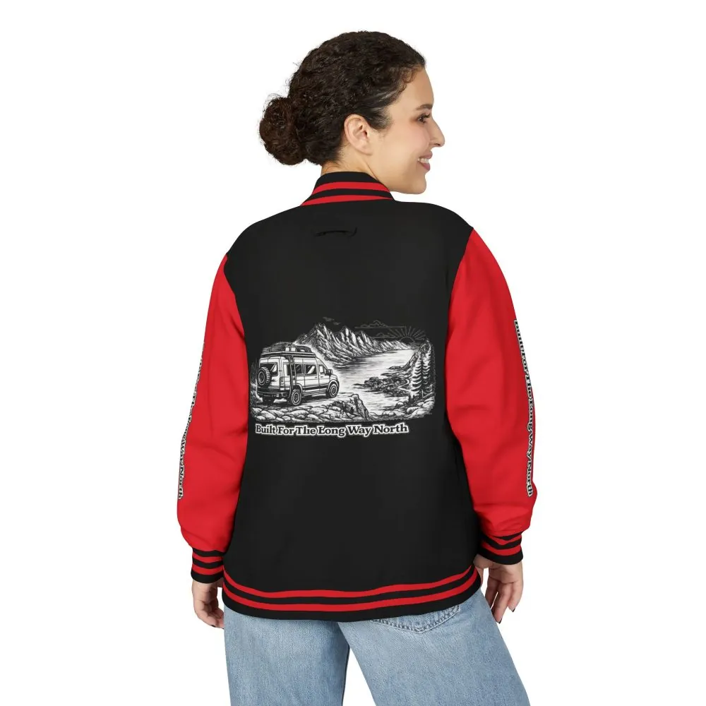 9872810246882776830_2048.jpeg Unisex Heavyweight Letterman Jacket — "Built For The Long Way North" Travel Varsity Coat