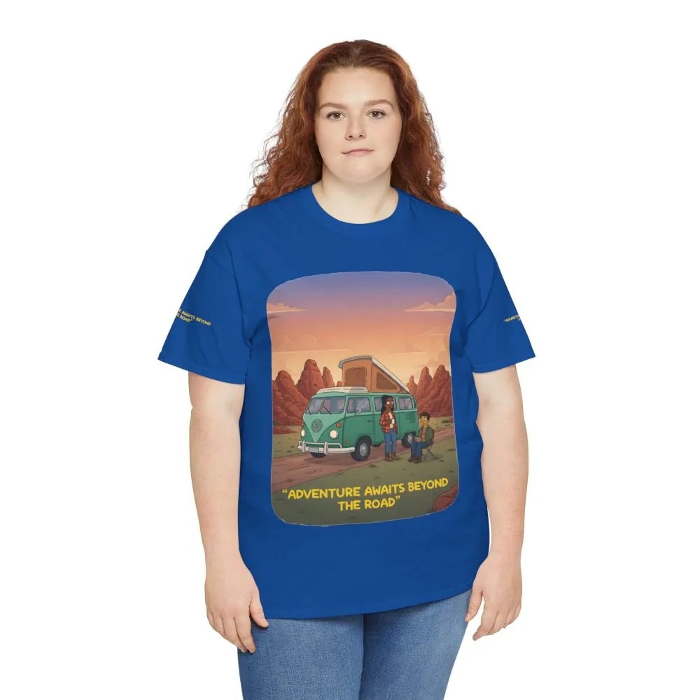 9886704302847106587_2048.jpeg Unisex Heavy Cotton Tee — "Adventure Awaits Beyond The Road" Design Sitcom-Line