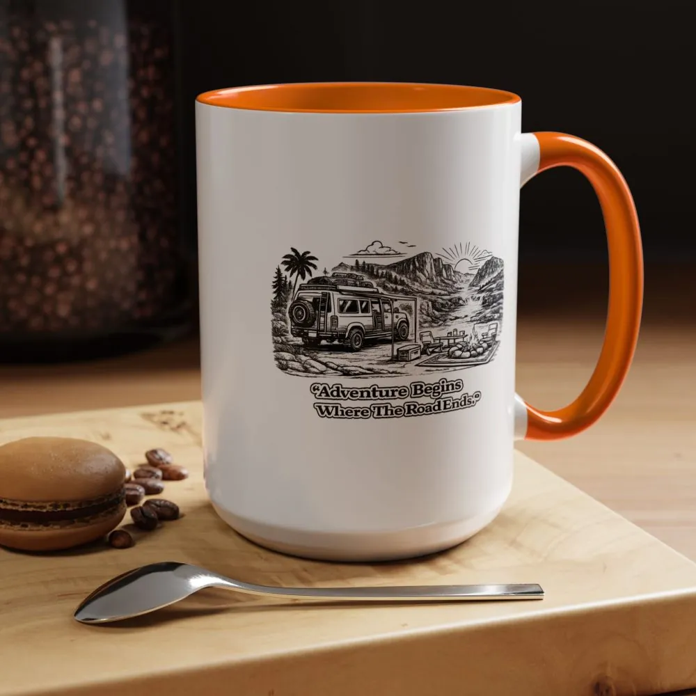 9899598345317507031_2048.jpeg Accent Coffee Mug (11, 15oz) — "Adventure Begins Where The Road Ends" Design Minimal-Line